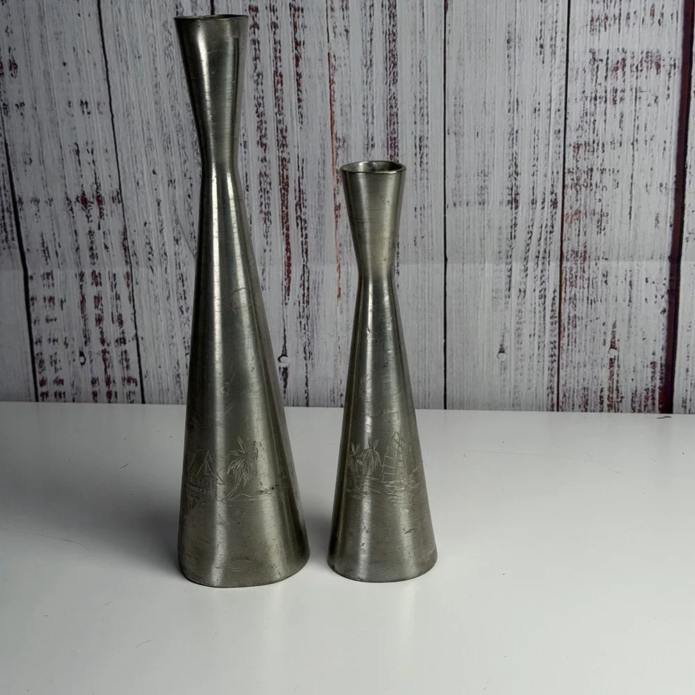 MCM Metal Candle Holders Taper Candlestick Silver Tone Modern Vintage Etched